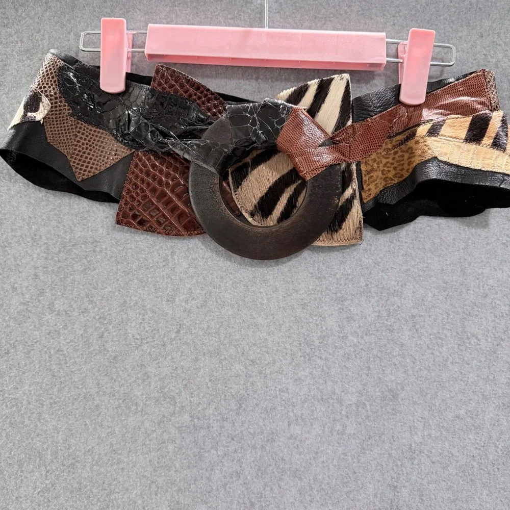 Vintage exotic Patchwork Animal Print Mixed Texture Wide Waist Belt Brown Black